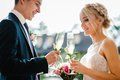 Newlyweds holding glasses of champagne for toast in hands of the outdoor. standing on wedding ceremony under the arch decorated with flowers and greenery in the backyard banquet area.